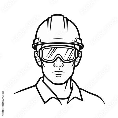 A clear black and white line art illustration depicts a male worker equipped with a hard hat and protective goggles, symbolizing essential personal safety gear.