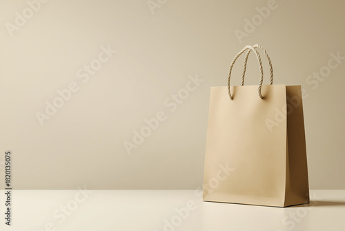 Paper shopping bag mockup with blank white surface, kraft paper texture, standing upright on a minimal studio background
