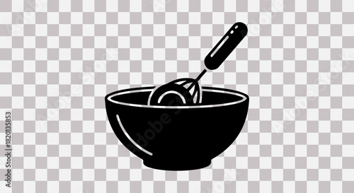 Black silhouette of a bowl with a spoon inside on a transparent background