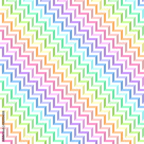 Seamless diagonal pattern of pastel rainbow waves in green, blue, pink, orange, and yellow with subtle 3D effect, suitable for fabrics, skirts, dresses, carpets, tiles, or paper designs.