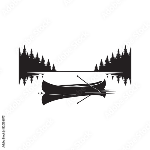 Silhouette vector illustration of a canoe boat floating on a calm lake with water reflection and pine tree forest islands in the background.
