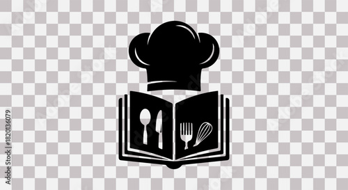 Black silhouette of a chef hat topping an open cookbook with utensils