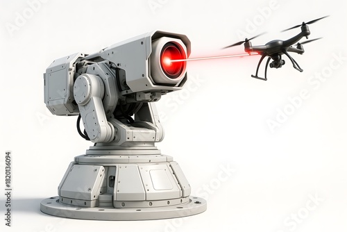 Futuristic Laser Drone Defense System – High-Realism CGI on White Background