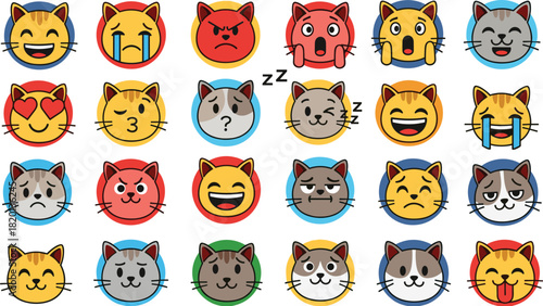 Cute cat emoji set featuring happy sad angry and sleeping faces for social media sticker and chat message vector illustration collection isolated on white