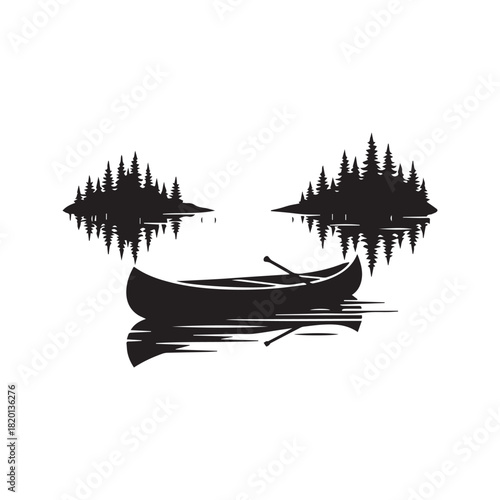 Silhouette vector illustration of a canoe boat floating on a calm lake with water reflection and pine tree forest islands in the background.
