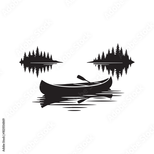 Silhouette vector illustration of a canoe boat floating on a calm lake with water reflection and pine tree forest islands in the background.
