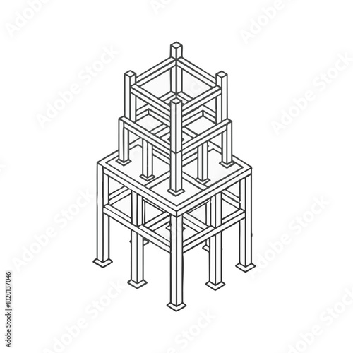 An isometric illustration showcases a stack of geometric metal frames, representing structural design and industrial construction with a minimalist aesthetic.