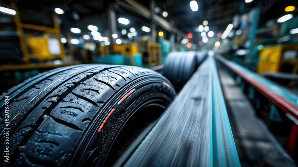 Obraz premium Close-Up View of Manufacturing Process with Tire on Conveyor Belt in Industrial Setting