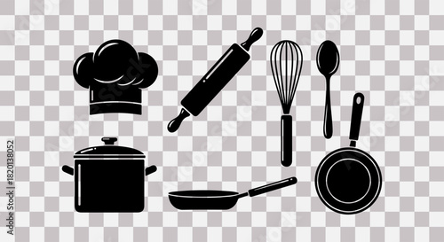 Black silhouette kitchen utensils and chef hat on transparent background