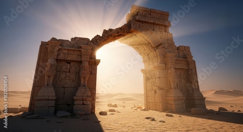 Fototapeta Naklejka Na Ścianę i Meble -  Monumental gateway to another world amidst the sun-drenched expanse of desert sand dunes