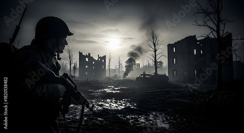 A lone soldier stands guard in a war-torn city with destroyed buildings and smoke rising in the background.