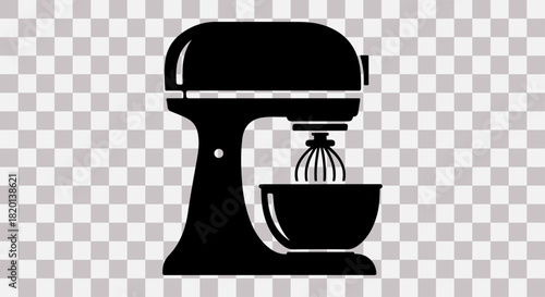 Black silhouette of a stand mixer with whisk attachment and bowl