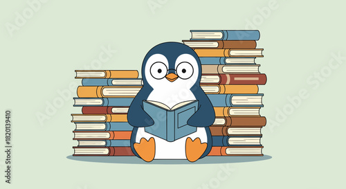 Cute Penguin Reading Book Among Stacked Books Education Illustration