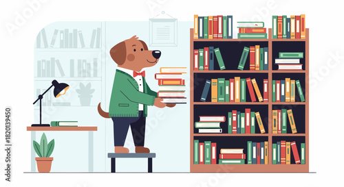 Dog Character As Librarian Standing On A Stool Holding Books