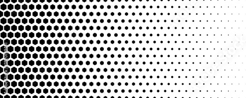 Fading hexagon gradient texture. Vanishing honeycomb pattern background. Geometric hexagonal halftone tech overlay backdrop. Black grunge halfton wallpaper. Vector retro dot texure wallpaper