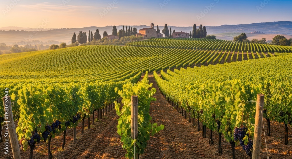 Fototapeta premium Panoramic vista of a vibrant vineyard under a clear sky with rolling hills and distant cypress