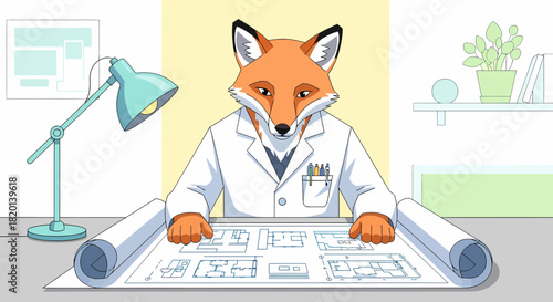 Fox Architect Inspecting House Plans In His Office Cartoon Style