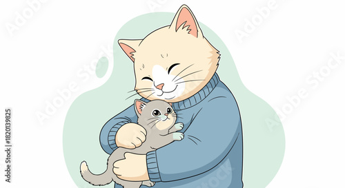 Lovely Cartoon Cat Hugging Little Kitten With Tender Affection