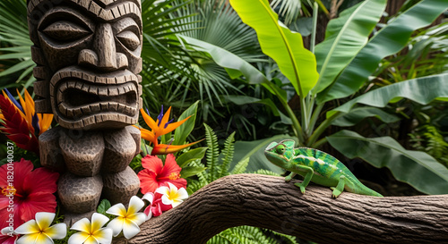 Exotic jungle scene with a vibrant green chameleon on a branch, a carved wooden tiki idol, and colorful tropical flowers