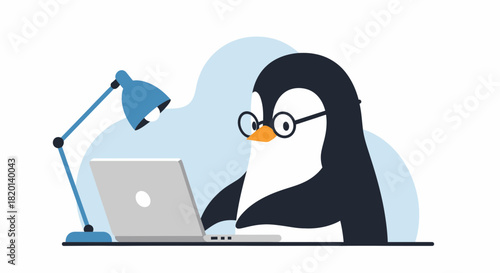 Penguin Programmer Working On Laptop Under Desk Lamp Illustration