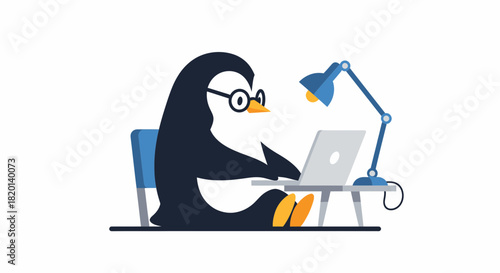 Penguin Working On Laptop At Desk Illustration Design