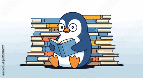 Penguin Reading Enthusiastically Surrounded By Stacked Educational Books