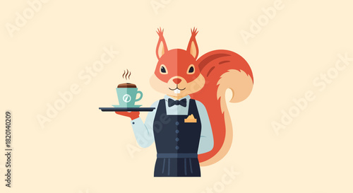 Squirrel Waiter With Coffee Cup Elegant Service Character Illustration