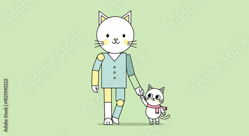 Walking Together A Cute Cartoon Dad Cat With His Kitten