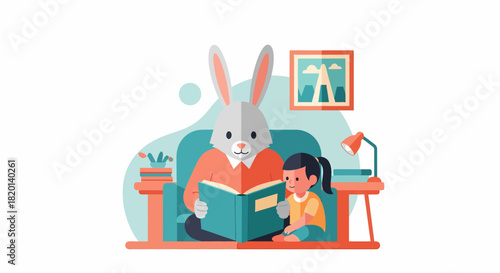 Reading Time: Rabbit And Girl Sharing Story In Cosy Room