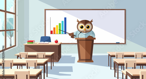 Wise Owl Teaches Business Insights in Classroom Setting Cartoon Style