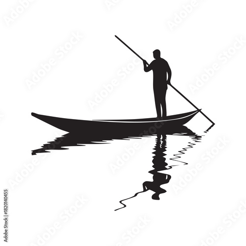 Silhouette vector illustration of a fisherman standing on a small boat rowing with a long pole, isolated on white background with water reflection.
