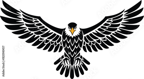 Black eagle with outstretched wings and yellow beak on white background bird