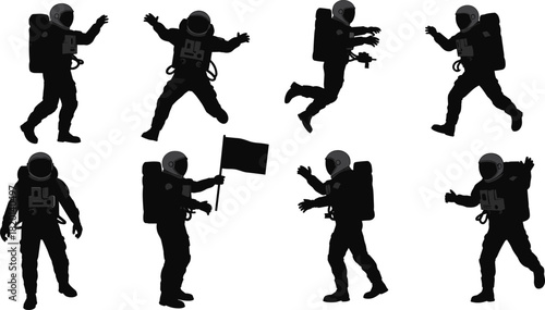 Black silhouette astronauts in various poses against white background space