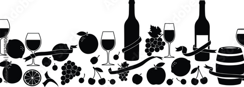 Black silhouette fruit wine bottles glasses grapes cherries apple barrel and ribbons