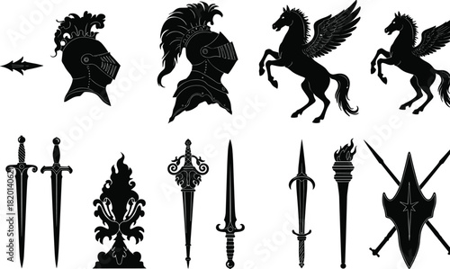 Black silhouette medieval knight helmets winged horses swords shield and torch armor