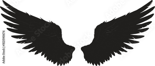 Black silhouette of spread angel wings on white background vector