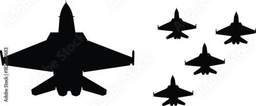 Black silhouette of a large fighter jet and four smaller fighter jets in formation airplane aircraft