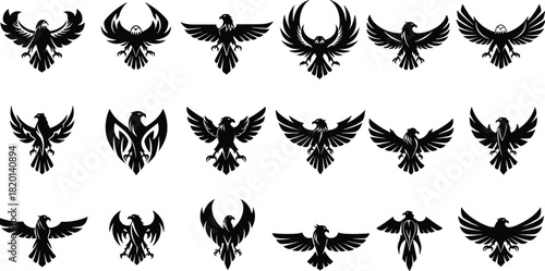 Collection of black eagle and phoenix bird silhouettes with spread wings vector