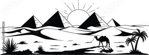 Egyptian pyramids desert landscape with camel and palm trees vector