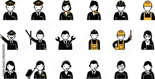Collection of stylized icons depicting various professions and roles career pilot