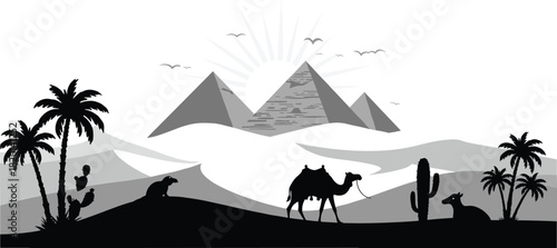 Egyptian pyramids desert landscape with camel palm trees and cacti vector