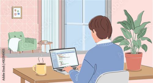 Man working from home on laptop computer at desk with coffee and plant near window for remote job or freelance concept vector illustration design