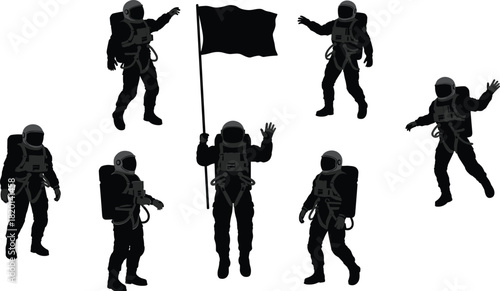 Seven Black Silhouettes of Astronauts in Various Poses Holding a Black Flag space