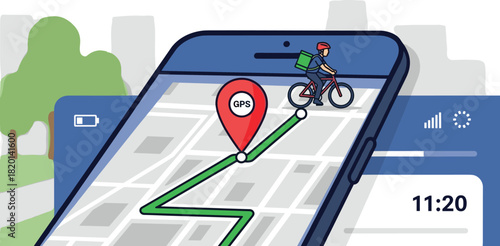 Mobile phone map app showing delivery man on bicycle riding along green route to red gps pin for food order tracking vector illustration concept