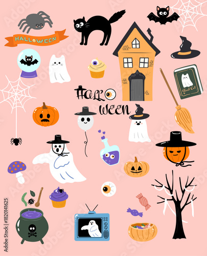 Korean traditional hat ghost Halloween elements bundle — vector & PNG