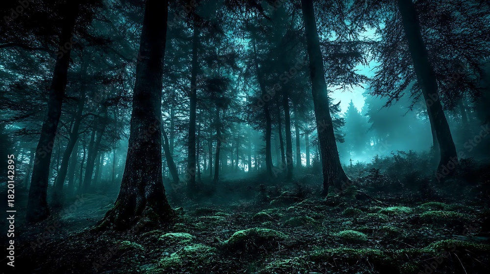 Naklejka premium mystical dark forest with towering trees emerging from thick turquoise fog, illuminating the mossy ground. Ideal for fantasy, mystery, or environmental