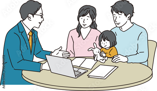 相談をする若い子連れの夫婦と説明をするスーツの男性のイラスト素材