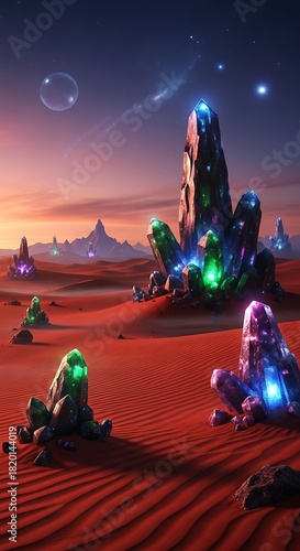 Alien Landscape with Glowing Crystals and Celestial Bodies.