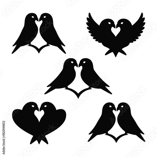 Silhouettes of loving birds forming hearts on white background, romantic symbols