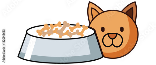 “Dog, cat, animal or pet full food bowl symbol sign silhouette and outline set. Black and white logo icon flat vector clip art illustration design.”